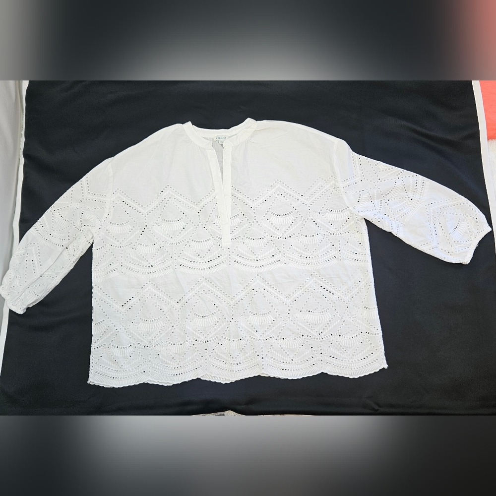 Sundance Large White Voluminous Eyelet Tunic Blouse Oversized Boxy Long Sleeves